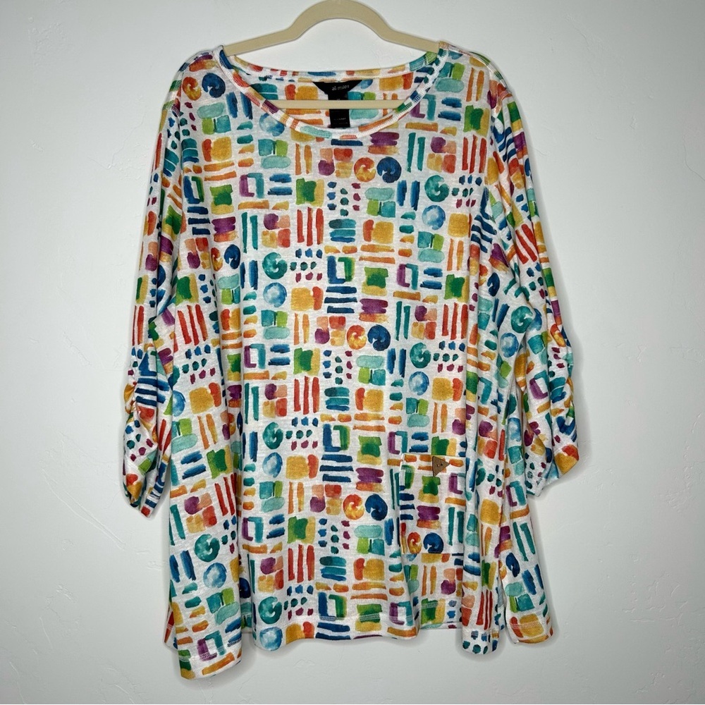 Ali Miles Colorful Geometric Print Tunic Top Size 3X 3/4 Sleeves Art to Wear - Picture 1 of 12